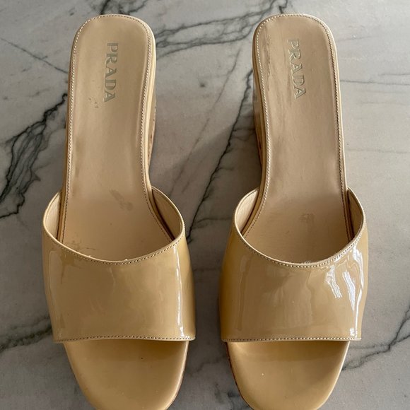 Prada Nude Vintage Slip On Patent Leather and Cork Wedge Sandals - GREAT COND. - Picture 2 of 12
